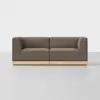 A modern, minimalist brown two-seater sofa with wooden base, set against a plain white background.