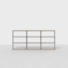 A minimalist wooden shelving unit with nine open rectangular compartments, arranged in three rows and three columns, set against a plain white background.