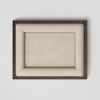 A rectangular, beige fabric-covered frame with a dark brown wooden border, photographed from above against a light gray background. The frame is empty and has a minimalist, modern design.