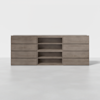 A modern wooden dresser with a gray finish, featuring eight drawers—four on each side—and three open central shelves, set against a plain white background.