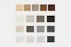 A grid showing four wood finish samples in the top row and twelve fabric swatches in neutral shades below, each labeled THUMA. The fabrics range from light cream to dark gray and brown tones.