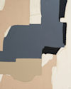 Abstract painting featuring large, irregular blocks of muted beige, tan, navy blue, black, and off-white, overlapping and creating a geometric, modern composition with a neutral color palette.