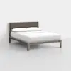 A modern wooden bed frame with a brown upholstered headboard, neatly made with white bedding and two white pillows, placed in a minimalistic white room.