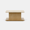 A modern wooden coffee table with a rectangular stone top, a central rectangular support, and a matching wood base, set against a plain white background.