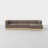 A modern, L-shaped sectional sofa with brown upholstery and a light wooden base, set against a plain white background.