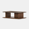Rectangular coffee table with a dark marble top, wooden base, and two vertical wooden supports creating an open shelf beneath the tabletop. The design is modern and minimalist.