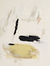 Abstract painting with a light background, featuring bold black brushstrokes near the center, soft beige and white areas, and a large muted yellow section at the bottom. Subtle lines and shapes add layered texture.