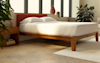 A neatly made bed with white bedding and a wooden frame sits in a sunlit room with large windows, a bedside table, potted plants, and an earthy vase on a shelf behind the bed.