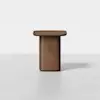 A modern wooden side table with a rectangular top and a thick, solid central pedestal base, set against a plain white background.