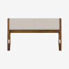 A wooden bench with a light beige cushioned seat and backrest, featuring a modern, minimalist design and sturdy wooden legs.