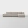 A modern, beige sectional sofa with a low back and clean lines, arranged in an L-shape on a light-colored floor against a plain white background.