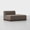 A modern, armless brown upholstered chaise lounge with a low wooden base, positioned on a light gray floor against a plain white background.