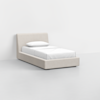A modern, minimalist single bed with a light beige upholstered frame and headboard, topped with a white mattress, pillow, and bedding, set against a plain white background.