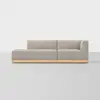A modern beige sectional sofa with a wooden base, featuring a left chaise lounge and right armrest, set against a plain white background.