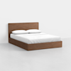 A wooden platform bed with a simple headboard, neatly made with white bedding and two pillows, set against a plain white background.