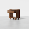 A modern wooden nightstand with an open compartment at the bottom and a single drawer partially pulled out at the top, standing on four short legs against a plain white background.