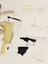 Abstract painting with off-white background, featuring bold black and muted yellow brushstrokes, soft beige patches, and subtle hints of brown and grey, creating a sense of movement and open space.