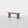 A minimalist wooden bench with clean lines and a smooth, light gray finish, positioned on a seamless light gray surface and background.