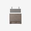 Top view of a modular wooden headboard with a gray upholstered panel mounted above it against a plain white background. The headboard has a simple, modern design with clean lines.