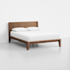 A modern wooden bed frame with a rectangular headboard, white mattress, and two white pillows, set against a plain white background.