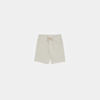 Light beige casual shorts with an elastic waistband, drawstring tie, and side pockets, displayed on a plain white background.