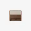 A wooden bed headboard with a light beige cushioned panel on top, set against a plain white background.