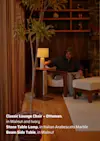 A person sits in a wooden lounge chair with an ottoman, reaching to turn on a stone table lamp, next to a beam side table in a cozy, wood-paneled room with a potted plant and built-in shelves.