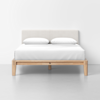 A minimalist bed with a light wooden frame, a white upholstered headboard, and neatly arranged white bedding and pillows, set against a plain white wall and floor.