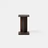 A modern, square side table with a dark wood base and a marble top, photographed against a plain white background.