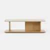 Rectangular wooden coffee table with a light-colored stone top, open sides, and a vertical central divider, set against a plain white background.