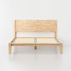 A minimalist wooden bed frame with a slatted base and headboard, made of light-colored wood, displayed against a plain white background.