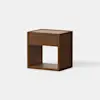 A modern wooden nightstand with a single drawer and an open shelf below, set against a plain white background. The design is minimalist with clean lines and a natural wood finish.