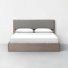 A modern, minimalist bed with a light wood frame, gray upholstered headboard, and white bedding, positioned against a plain white wall on a light gray floor.