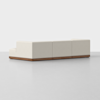 A modern, L-shaped sectional sofa with light beige upholstery and a wooden base, set against a plain white background. The view is from the back, highlighting the clean lines and minimalist design.