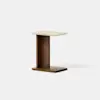 A modern side table with a light rectangular top, a vertical wooden support, and a darker rectangular wooden base, set against a plain white background.