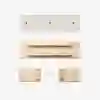 Four wooden pieces and four screws are neatly laid out on a white background, suggesting assembly of a wooden object, possibly a shelf or piece of furniture.