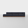 A modern sectional sofa with dark blue upholstery, wooden base, and three connected seats arranged in an L-shape, set against a plain white background.
