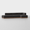 A modern, L-shaped sectional sofa with dark gray upholstery and a low wooden base, set against a plain white background.