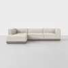 A modern L-shaped sectional sofa with light beige upholstery and a low wooden base, set against a plain white background and floor.