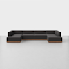 A large, modern, L-shaped sectional sofa with dark gray upholstery and a wooden base, placed in an empty room with a light gray floor and white walls.