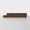 A modern, low-profile sectional sofa with brown upholstery and a light wood base, set against a plain white background. The sofa has three seats and a left-facing chaise lounge.