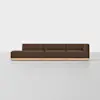 A modern, low-profile sectional sofa with brown upholstery and a light wood base, set against a plain white background. The sofa has three seats and a left-facing chaise lounge.