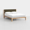 A modern wooden bed frame with light wood legs and a dark upholstered headboard, neatly made with a white mattress, white sheets, and two white pillows, set against a plain white background.