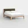 A modern wooden bed frame with light wood legs and a dark upholstered headboard, neatly made with a white mattress, white sheets, and two white pillows, set against a plain white background.
