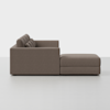 A modern, brown sectional sofa with three seat cushions and matching back cushions, shown from the side against a plain white background. The chaise section extends outward in front of the armrest.
