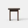 A small, dark brown wooden table with a rectangular top and four straight legs, set against a plain white background.
