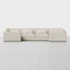 A minimalist, modern beige sectional sofa with clean lines, low backrests, and matching rectangular cushions, set against a plain white background.