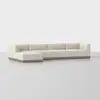 A modern, light beige sectional sofa with a left chaise lounge and wooden base, set against a plain white background. The sofa has clean lines and minimalist design.