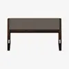 A modern, minimalist headboard with a dark wooden frame and a rectangular, upholstered center panel in a neutral gray fabric, shown against a plain white background.