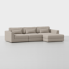 A modern, light beige sectional sofa with three seat cushions, three back cushions, three lumbar pillows, and a right-side chaise lounge, set against a plain white background.